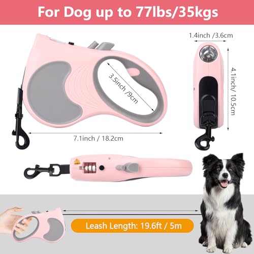 Retractable Dog Leash with Flashlight 16ft Walking Leash for Dogs up to 77lbs, 360° Tangle-Free Nylon Tape Anti-Slip Handle -Pink