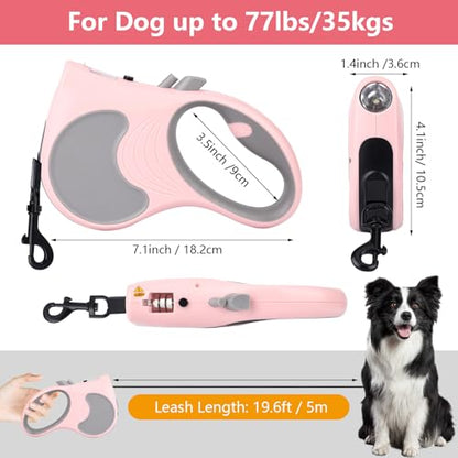 Retractable Dog Leash with Flashlight 16ft Walking Leash for Dogs up to 77lbs, 360° Tangle-Free Nylon Tape Anti-Slip Handle -Pink