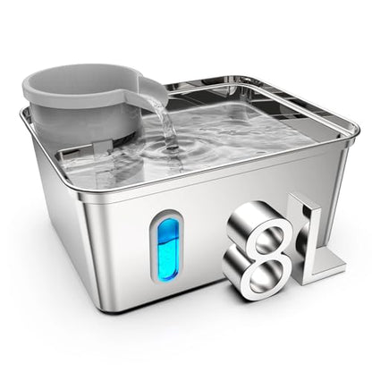 8L/270oz Stainless Steel Large Dog Water Fountain Dispenser Bowl | Premium stainless steel filtered dog water bowl and quiet large dog fountain. Visible water level window, great for cats.