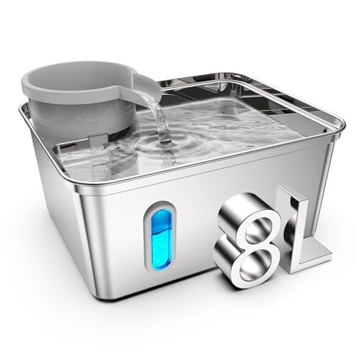 8L/270oz Stainless Steel Large Dog Water Fountain Dispenser Bowl | Premium stainless steel filtered dog water bowl and quiet large dog fountain. Visible water level window, great for cats.