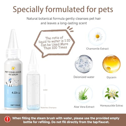 Pet Steam Brush for Dog & Cat - 3-in-1 Steam Grooming Brush for Shedding & Hair Removal - Pet comb leave-inserum with Mist for Long Haired Pets - Includes 2*Waterless Shampoo, Grey