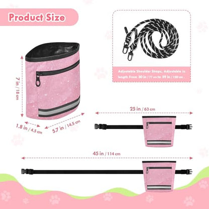 Dog Treat Pouch Magnetic Closure Reflective Webbing Training Bag with Adjustable Waist Belt Crossbody Strap Zippered Pocket, Pink Glitter Texture