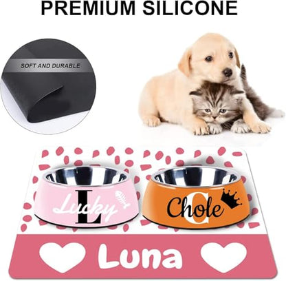 Personalized Dog & Cat Food Mat with Name Waterproof PU Pet Bowl Mat Non-Slip Rubber Bottom Easy Clean Available in(24"×16", 30"×20", 36"×24") | Pet Feeding Mat for Food & Water (Pink Love) - color: Pink love