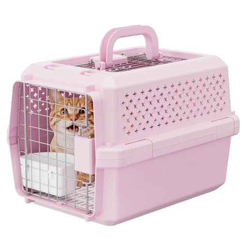 RIZZARI Pet Carrier for Small Dogs & Cats, Airline Approved Travel Carrier | Airline Approved Size,Durable Metal Door,Top Carry Handle,Ventilated Design,Includes Feeding Bowl - color: Pink, size: 17.4"L x 12.8"W x 11.8"H