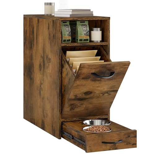 DWVO Dog Feeding Station with Storage, Dog Food Cabinet with 2 Feeder Bowls, Pull Out Elevated Dogs Bowl, Rustic Brown - color: Brown, size: 1 PCS