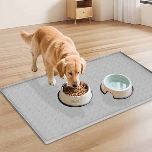 Extra Large Silicone Dog Food Mat 33.9"x21.9" – 0.27" Raised Edge Waterproof Pet Feeding Mat, Non-Slip Placemat for Multiple Bowls, Auto Feeders, Cat Fountains, Dishwasher Safe (Black/Gray) - color: Gray