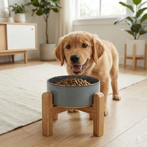 hjn Elevated Ceramic Dog Bowl with Bamboo Stand, Raised Pet Feeding Station for Small Medium Dogs Cats, Modern Design with Anti-Slip Base (Gray Blue, 3.6Cup) - color: Gray Blue, size: 3.6Cup
