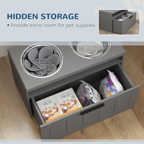 PawHut Elevated Dog Bowls, Raised Dogs Bowl Stand with 2 Stainless Steel Bowls, Storage Drawer and Slow Feeder Mat, Dog Feeding Station for Large and Extra Large Dogs, Gray
