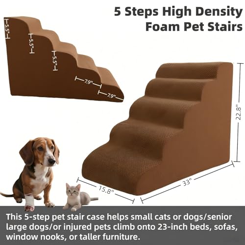 5 Step Pet Stairs Ramp for High Beds Sofas 23-30 Inch with Sturdy Non Slip Waterproof Pads, Machine Washable Cover Indoor Balanced Design for Cats Dogs Small Medium Large XL Pets Brown, Large, - color: Brown