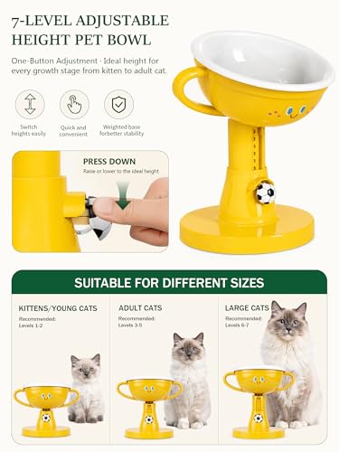 Elevated Cat Bowls - 60° Tilted Small Dogs Cats Water Food Bowl, 7-Level Adjustable Height Raised Cat Bowl for Indoor, Anti-Vomiting Spine Protection, Non-Slip Stand Dishwasher Safe, Yellow - color: Yellow
