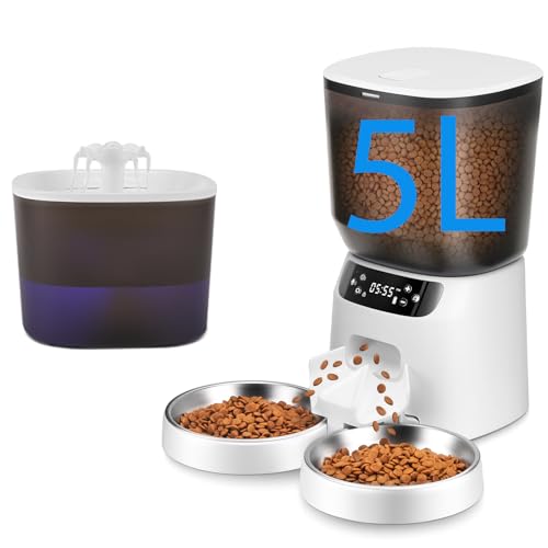 Automatic Cat Feeder and Water Fountain, 5L/20 Cups Timed Cat Dry Food Dispenser, 10s Meal Call, 20 Portions 6 Meals Per Day, 2L Cats Fountains for Drinking with Filter, Pet Feeder for Dog White - color: White, size: 5L/20 Cups