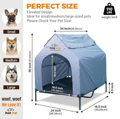 Outdoor Dog House with Roof Canopy Elevated Bed with Mesh Windows 41X24X17cm/5.7kg - Weatherproof Dog Shelter for Medium Breeds - Ideal Dog House Outdoor (Grey, Large)
