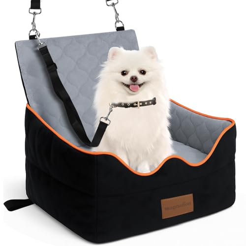 Dog Car Seat for Small/Medium Dogs Under 35lbs, Pet Booster Seat with 4In Memory Foam Cushion, Fully Detachable and Washable, Travel Dog Carseat with Storage Pocket and Safety Belt
