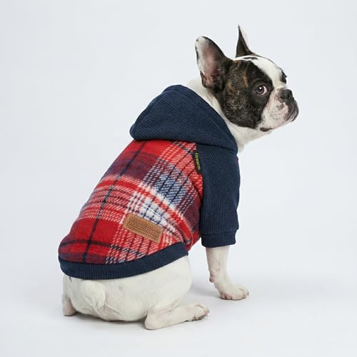 Fitwarm Tartan Plaid Dog Hoodie, Knitted Dog Clothes for Small Dogs Boy, Pet Sweater with Hood, Cat Fleece Lined Winter Outfit, Red, Navy Blue, Medium - color: Red, size: Medium