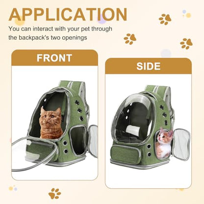 Pet Backpack Carrier, Portable and Ventilated, Oxford Cloth, Dog Cat Travel Bag with Transparent Cover 13.39", (Green, 1 Pcs), Intended for Hiking/Camping/Traveling - color: Green