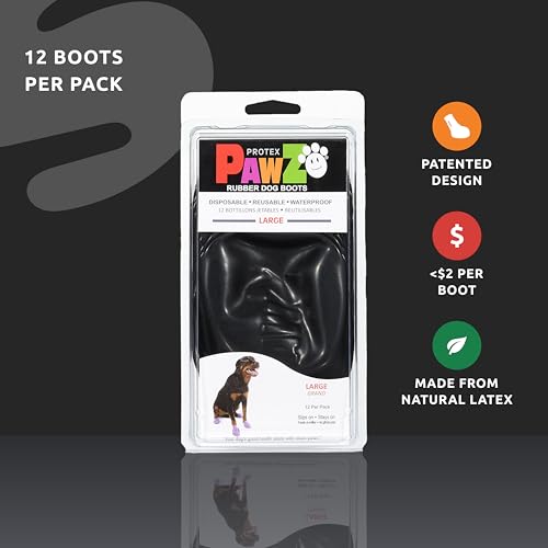 PawZ Rubber Dog Boots for Large Paws - All-Weather Waterproof Dog Shoes, Anti-Slip Traction for Rain, Snow, Mud & Hot Pavement - Pull-On Dog Booties, Black - Large (3"- 4") - Pack of 24 - size: L