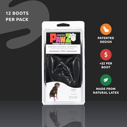 PawZ Rubber Dog Boots for Large Paws - All-Weather Waterproof Dog Shoes, Anti-Slip Traction for Rain, Snow, Mud & Hot Pavement - Pull-On Dog Booties, Black - Large (3"- 4") - Pack of 12 - size: L