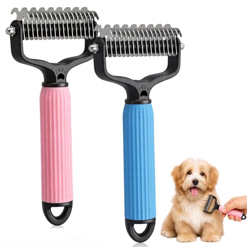 2PCS Pet Pro Grooming Tool, Dematting Comb for Dogs and Cats, Double Sided Undercoat Rake Pet Brush with 17 Teeth, Removes Tangles Knots and Loose Fur (Blue+Pink, Large)