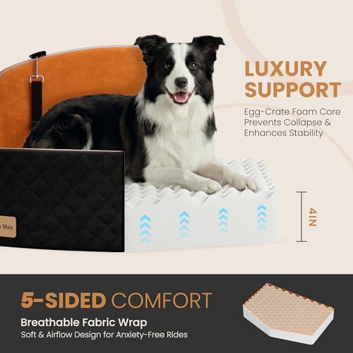 Dog Car Seat for Medium/Large Dogs, Memory Foam Dog Booster Seat with Thick Cushion up to 55 lbs or 2 Small Dogs, Travel Pet Car Seat with Detachable Washable Cover, 2 Safety Leashes (Black/Brown) - color: Black/Brown