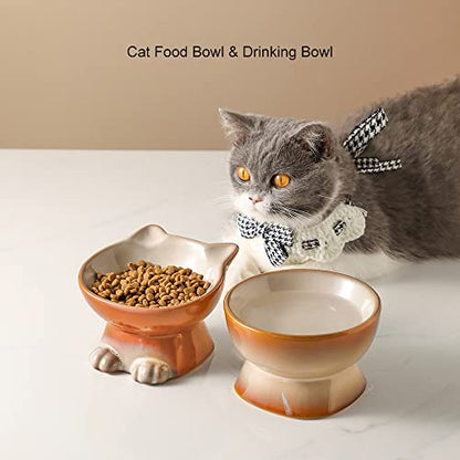 Nihow Elevated Cat Bowls,5 Inch Ceramic Raised Cat Food and Water Bowl Set | Slanted,Whisker Friendly,for Protecting Pet's Spine,Microwave & Dishwasher Safe ,Elegant Brown 4.5 OZ, Set of 2 - color: Brown, size: 4.5 OZ+8 OZ