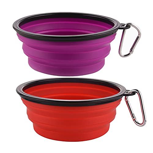 Large Collapsible Dog Bowls, 34oz Travel Water Food Bowls Portable Foldable Collapse Dishes with Carabiner Clip, 2 Pack (Purple+Red) - color: 34oz-Purple&Red