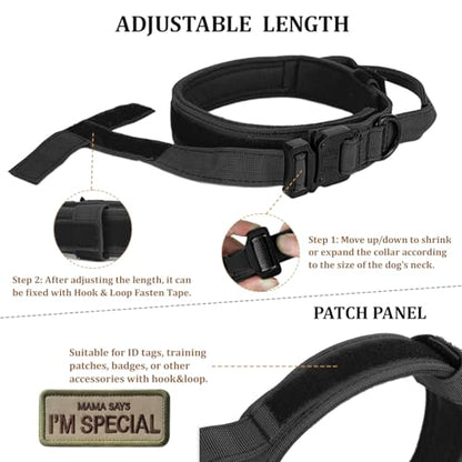 Tactical Dog Collar with Handle - Military Adjustable Dog Training Collar Soft Nylon and Heavy Duty Metal Buckle for Medium Large Dogs - with Patch (Black, X-Large) - color: Black, size: X-Large