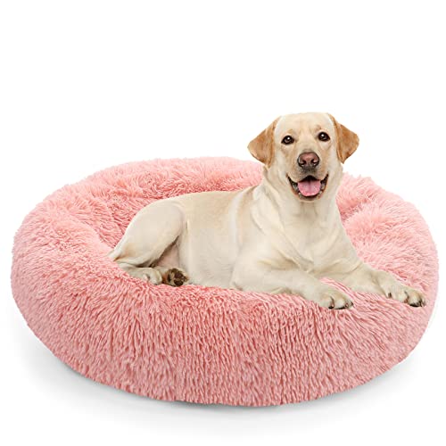 NOYAL Calming Donut Dog Bed for Small to Medium Dogs & Cats - Plush Faux Fur Anti-Anxiety Pet Bed with Machine Washable Cover & Non-Slip Base - color: Pink, size: Large 27.5''