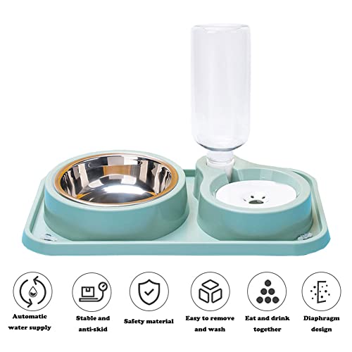 Love Dream Double Dog Cat Bowls, 2 in1 Pet Water and Food Bowl Set with Automatic Gravity Water Dispenser Bottle Detachable Stainless Steel Bowl No-Spill for Cats and Dogs Puppy Kitten Rabbit - color: Ligth Green, size: Capacity Water Bottle: 500ML