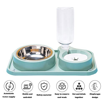 Love Dream Double Dog Cat Bowls, 2 in1 Pet Water and Food Bowl Set with Automatic Gravity Water Dispenser Bottle Detachable Stainless Steel Bowl No-Spill for Cats and Dogs Puppy Kitten Rabbit - color: Ligth Green, size: Capacity Water Bottle: 500ML
