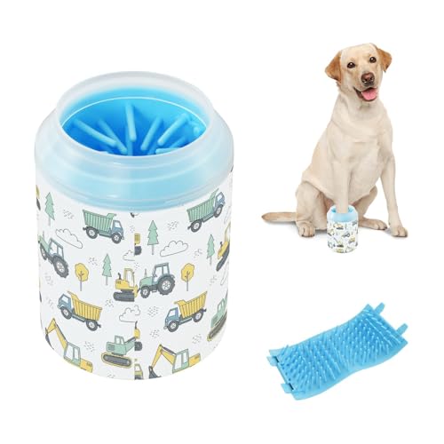 Truck White Pattern Dog Paw Cleaner Cup with Soft Silicone Brush, Small Lightweight Portable Muddy Paw Washer for Dogs, Easy to Use Pet Foot Cleaner