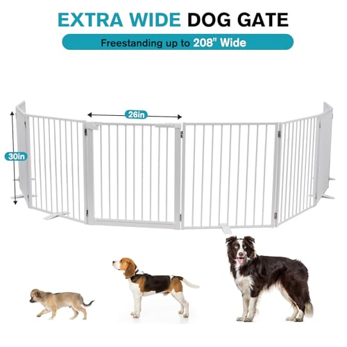 Snagle Paw Extra Wide Dog Gate,Free Standing Dog Fence with Door, Up to 208 Inch Wide Pet Gate with Support Feet for Stairs, Hallways, Doorways, Yard (White, 8 Panels) - size: Up to 208" W, 8 Panels, White