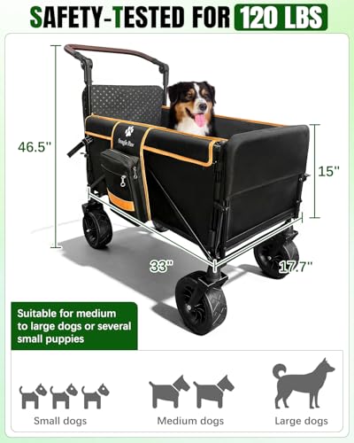 Snagle Paw Dog Wagon for Medium Large Dogs up to 120lbs | All Terrain Foldable Large Pet Stroller with Ramp & Tailgate (Extra Space), Dog Wagon Cart Adjustable Handle & One-Step Brake - color: orange