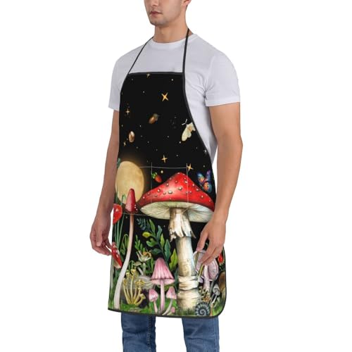 Women Men Bib Aprons Chef Cooking Apron With Pockets For Kitchen Grilling Bbq Painting Gardening - color: Mushroom