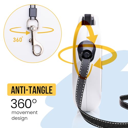 Award-Winning Retractable Dog Leash for Large and Extra Large Dogs (Max 110 lbs) Clip & Go System, Reflective Tape and Ergonomic Handle Includes Clips Poop Bag Holder and Dispenser, White - color: White, size: L/XL - Up to 110 Lbs