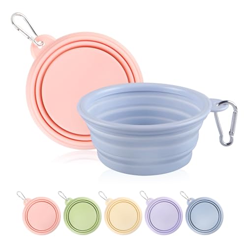 Collapsible Dog Bowls 2-Pack, Portable Travel Dog Bowl with Carabiner, Food-Grade Silicone Pet Bowl for Hiking, Walking(Macaron Pink and Blue) - color: 12 OZ Macaron Pink and Blue