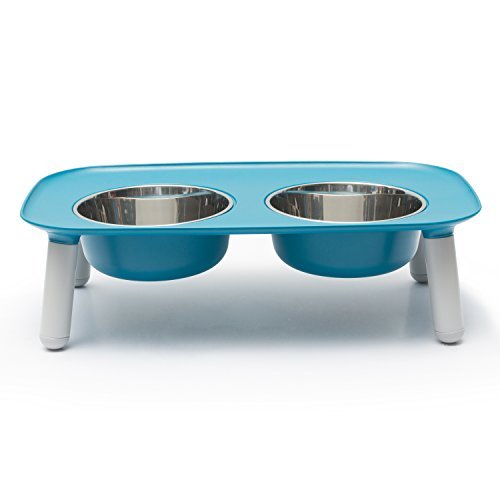 Messy Mutts Elevated Double Feeder with Stainless Bowls | Adjustable Height 3”, 5”, or 10” | Adjustable Standing Feeder for Dogs | 5 Cups per Bowl | Blue - color: Blue