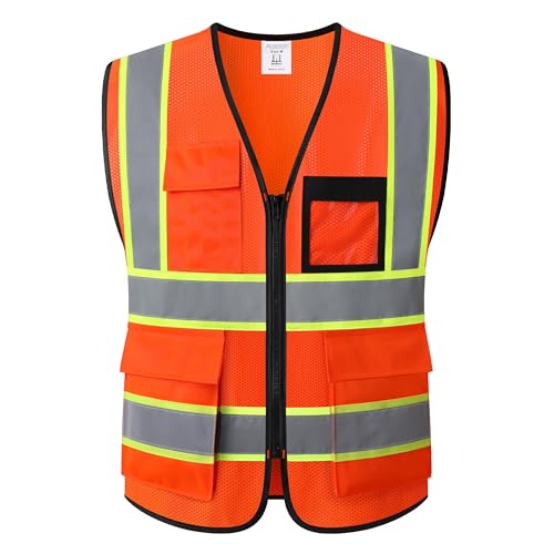 Reflective Safety Vest for Men Women Hi Vis Vest with 8 Pockets High Visibility Mesh Reflective Vest Meets ANSI/ISEA Standards (Orange-07,Large) - color: Orange, size: Large