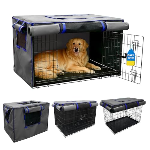 42-Inch Grey Dog Crate Cover – Light-Blocking Protective Cover with Roller Shades, Sound-Dampening Sunshade for Wire Kennels, Features Breathable Side Window (Cover Only) - color: Grey, size: 42.0"L x 28.0"W x 30.0"H