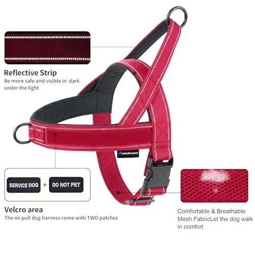 Annchwool No Pull Dog Harness,Heavy Duty Reflective Collar & Leash Set-Leash with Double Handle & Car Seatbelt Clip-Easy Control for Walking Training Medium Large Size Dogs(Red,M) - color: Red, size: M