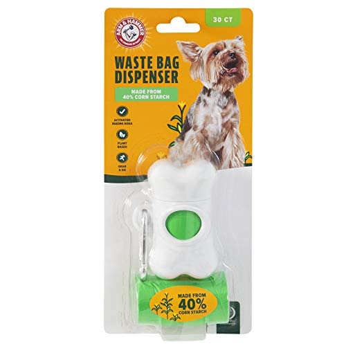 Arm & Hammer Dog Bone Shape Dog Poop Bag Dispenser With 30 Count Plant-Based Poop Bags With Activated Baking Soda; 9 x 14 Inches; White - color: White, size: 1 Count (Pack of 1)