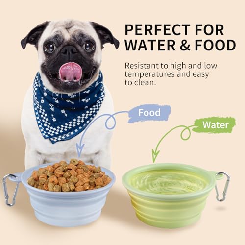 Collapsible Dog Bowls 2-Pack, Portable Travel Dog Bowl with Carabiner, Food-Grade Silicone Pet Bowl for Hiking, Walking (Macaron Blue and Green) - color: 12 OZ Macaron Blue and Green