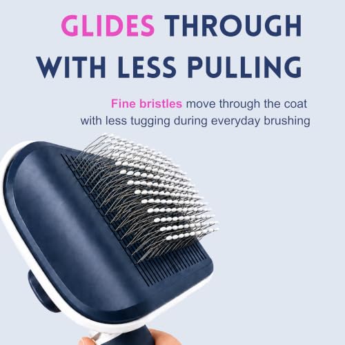 Self-Cleaning Flexible Neck Slicker Brush for Dogs & Cats, Grooming Brush for Deeper Reach with Long Stainless Steel Bristles, Deshedding & Detangling, Daily Use for Sensitive Skin