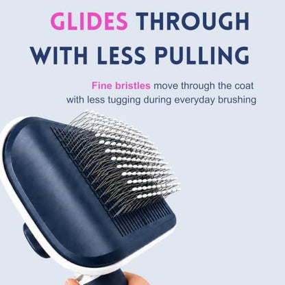 Self-Cleaning Flexible Neck Slicker Brush for Dogs & Cats, Grooming Brush for Deeper Reach with Long Stainless Steel Bristles, Deshedding & Detangling, Daily Use for Sensitive Skin