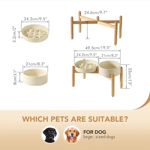 Havniva 9.5” Raised Slow Feeder Dog Bowls Set, 3.2 Cups Ceramic Slow Feeder Dog Bowl and 8.2” Dog Water Bowl with Elevated Wooden Stand Puzzle Dog Food Bowl for Large Dogs Anti-Gulping & Anti-Choking - color: 2 x Light Yellow+Stand-C, size: 9.5inch