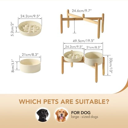 Havniva 9.5” Raised Slow Feeder Dog Bowls Set, 3.2 Cups Ceramic Slow Feeder Dog Bowl and 8.2” Dog Water Bowl with Elevated Wooden Stand Puzzle Dog Food Bowl for Large Dogs Anti-Gulping & Anti-Choking - color: 2 x Light Yellow+Stand-C, size: 9.5inch