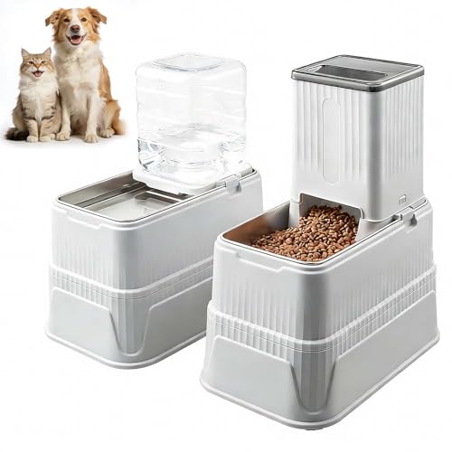 Elevated Automatic Pet Feeder & Water Dispenser, 128 Fl Oz/1 Gallon Water & 4.4lb Food Capacity, Stainless Steel Bowl, 2-Level Height Adjustable, Neck Protection for Small/Medium Dogs,Anti-Choking