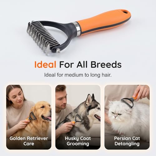 Double-Sided Self-Cleaning Pet Grooming Brush,2026 New Ergonomic Undercoat Rake,Gentle Detangler Brush for Long Thick Pet Hair,Professional Grooming Tool (Orange-Comb+Pin Comb Set-19Teeth/19Teeth) - color: Orange-Comb+Pin Comb Set-19Teeth/19Teeth