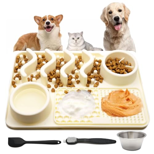 Slow Feeder Mat, Silicone Lick Mat with Suction Cups for Dog Cat, Puzzle Snuffle Mat for Pet Smell Training Bored Puppy, Interactive Sniff Mat Slow Eating Keep Busy (Beige)