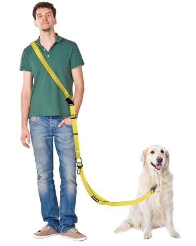 Hands Free Dog Leash with Seatbelt, 9.5 FT Adjustable Handheld/Crossbody/Waist Leash for Dog Walking, Reflective, 360° Tangle-Free, Shock Absorbing for Medium & Large Dogs. - color: Yellow