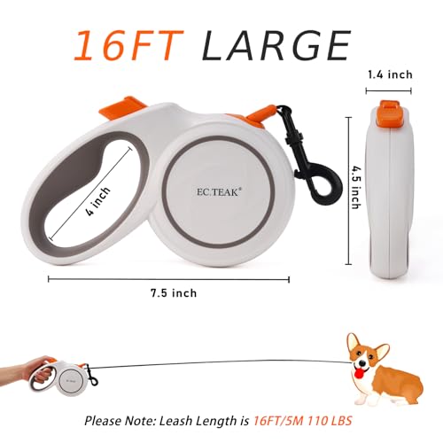 Retractable Dog Leash, 16 FT/26 FT Dog Leash Retractable for Small/Medium/Large Dogs up to 110 lbs, Strong Nylon Tape, Tangle Free, One-Hand Brake (White/Orange, Large) - color: White/Orange